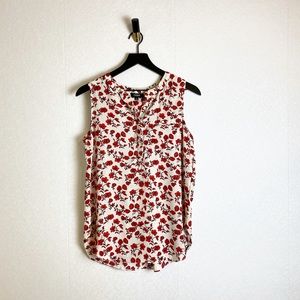 Premise Sleeveless Cream Floral Blouse with Red Floral Peony Rose Print V-Neck